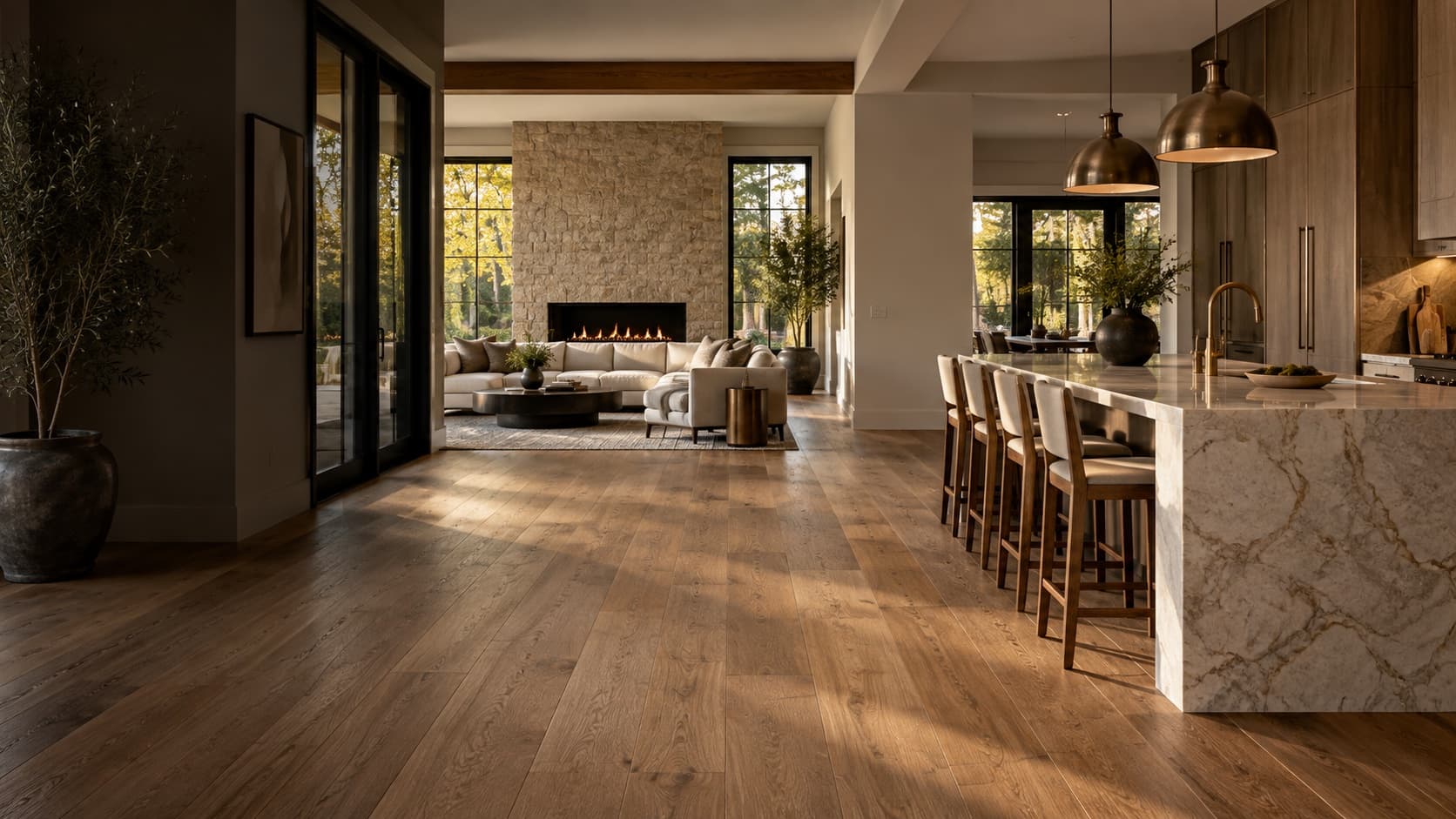 Luxury Atlanta home with wide-plank flooring and a marble kitchen